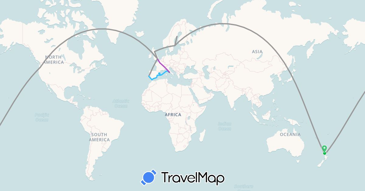 TravelMap itinerary: driving, bus, plane, train, boat in Spain, France, United Kingdom, Italy, Morocco, New Zealand, Portugal, Sweden, United States (Africa, Europe, North America, Oceania)